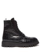 Matchesfashion.com Prada - Lace Up Crocodile Effect Leather Boots - Womens - Black