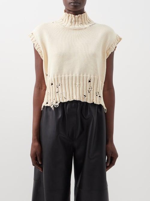 Marni - Distressed High-neck Cropped Cotton Sweater Vest - Womens - Ivory