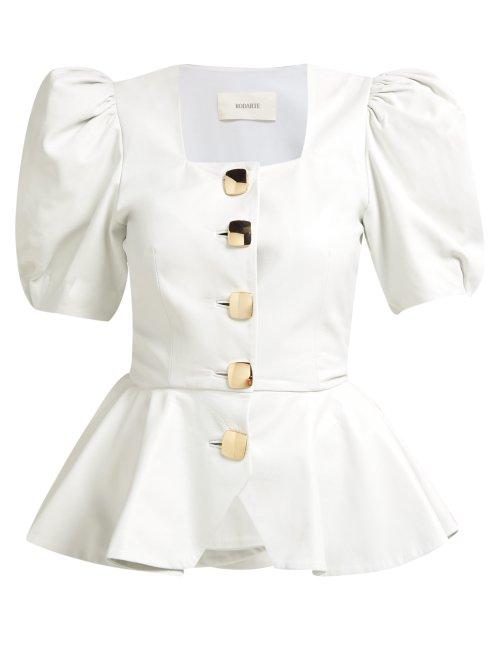 Matchesfashion.com Rodarte - Square Neck Puffed Sleeve Leather Blouse - Womens - White Gold