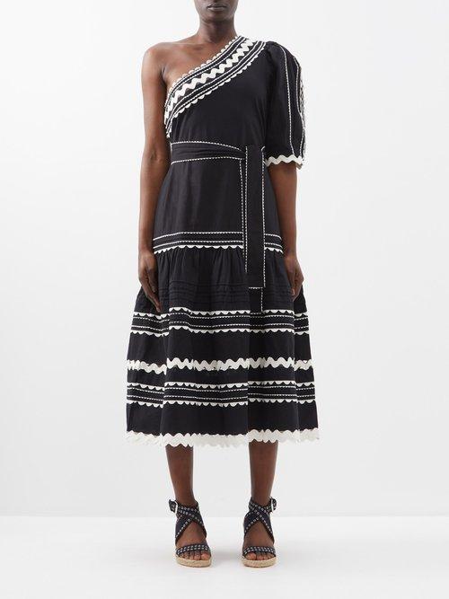 Sea - Ryleigh Rickrack-embroidered Cotton Midi Dress - Womens - Black White