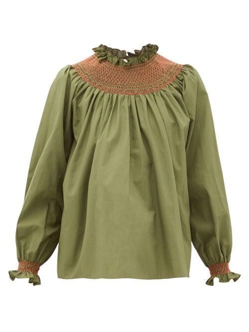 Matchesfashion.com Loretta Caponi - Maria Smocked Cotton-poplin Blouse - Womens - Khaki Multi