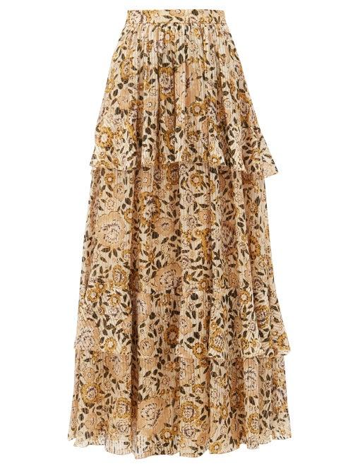 Matchesfashion.com Etro - Breton Floral-print Tiered Silk-blend Maxi Skirt - Womens - Yellow Multi