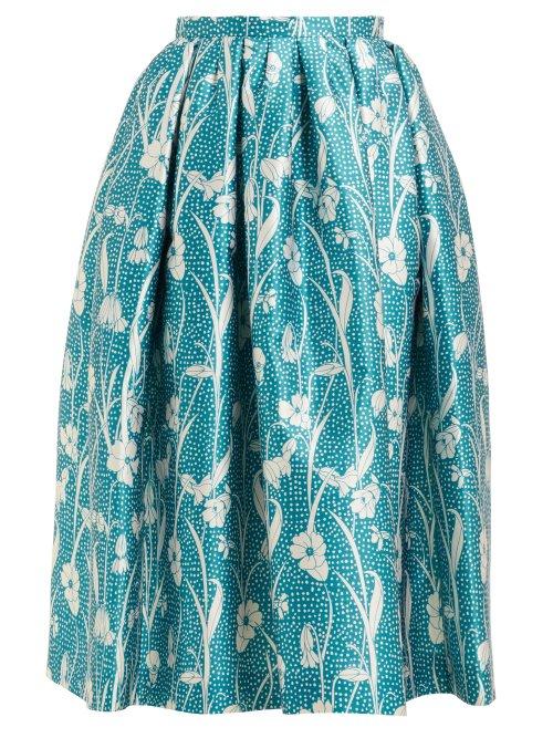 Matchesfashion.com Rochas - Floral Brocade Pleated Skirt - Womens - Blue Multi