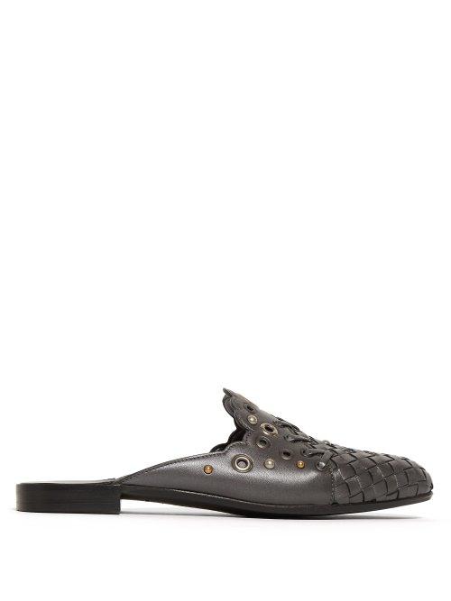 Matchesfashion.com Bottega Veneta - Studded Intrecciato Backless Leather Loafers - Womens - Dark Grey
