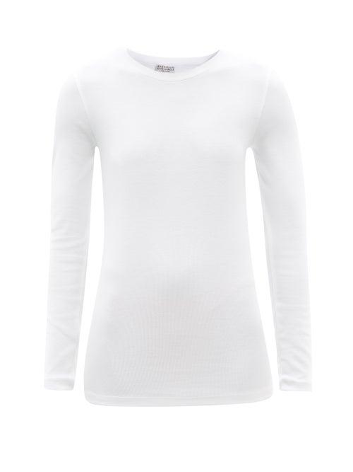 Ladies Rtw Brunello Cucinelli - Ribbed Cotton-blend Jersey Long-sleeved T-shirt - Womens - White