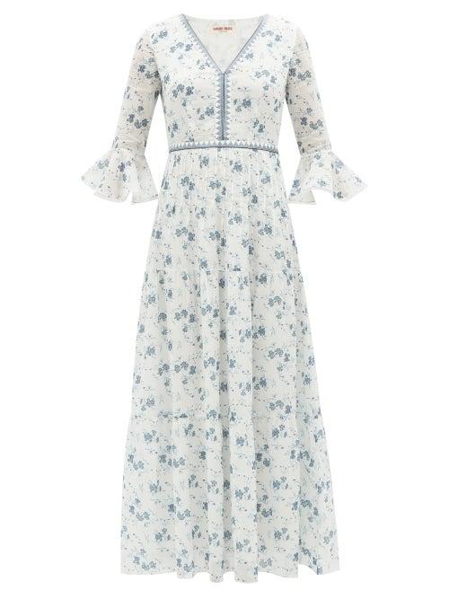 Emporio Sirenuse - Bella V-neck Floral-print Cotton Dress - Womens - Blue Floral