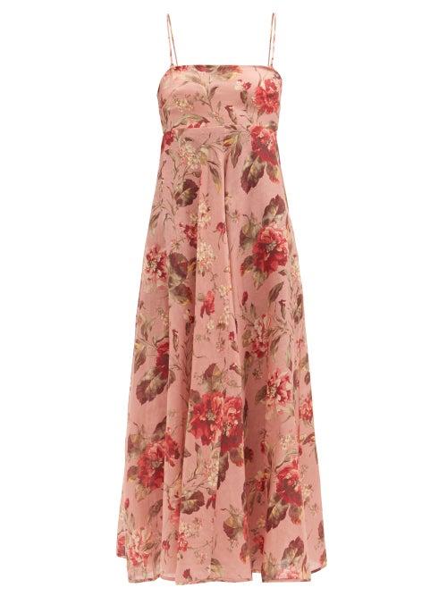 Matchesfashion.com Zimmermann - Cassia Musk Floral-print Linen Midi Dress - Womens - Pink Print