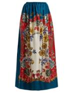 Matchesfashion.com Gucci - Boudoir Floral Print Silk Twill Maxi Skirt - Womens - Blue Multi