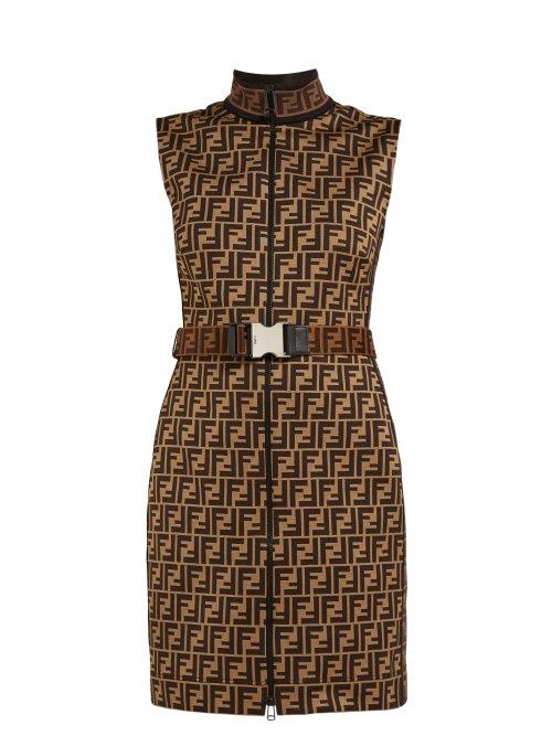 Matchesfashion.com Fendi - Ff Jacquard Cotton Blend Mini Dress - Womens - Brown Multi