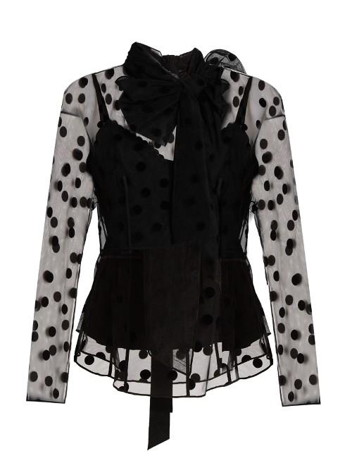 Marc Jacobs Tie-neck Large Polka-dot Flocked Tulle Blouse