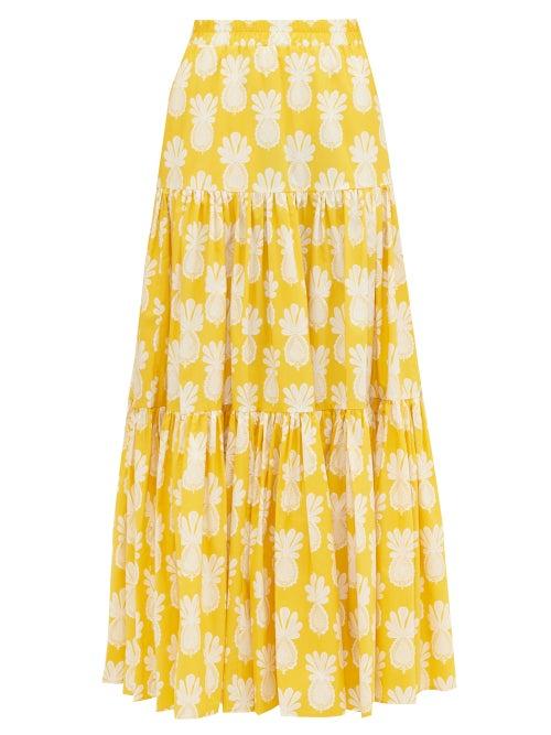 Matchesfashion.com La Doublej - Pineapple-print Tiered Cotton Maxi Skirt - Womens - Yellow Print
