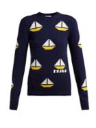 Matchesfashion.com Prada - Sailboat Intarsia Wool Blend Sweater - Womens - Navy Multi
