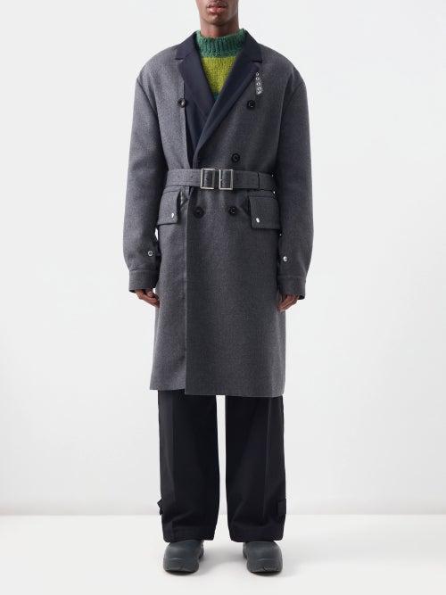 Sacai - Double-breasted Belted Felt Coat - Mens - Grey