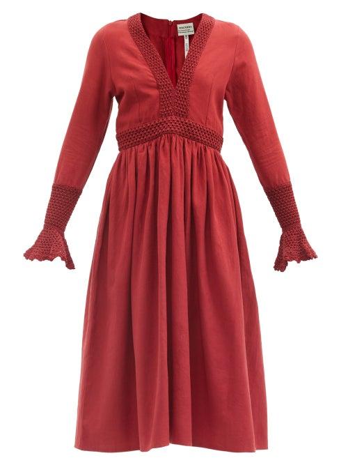 Matchesfashion.com Escvdo - Cora Crochet-trim Cotton Midi Dress - Womens - Dark Red