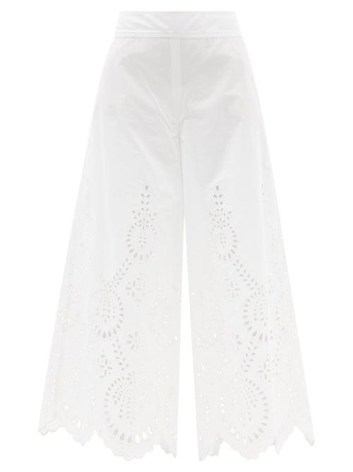 Ladies Rtw Valentino - Sangallo-embroidered Wide-leg Cotton Trousers - Womens - White