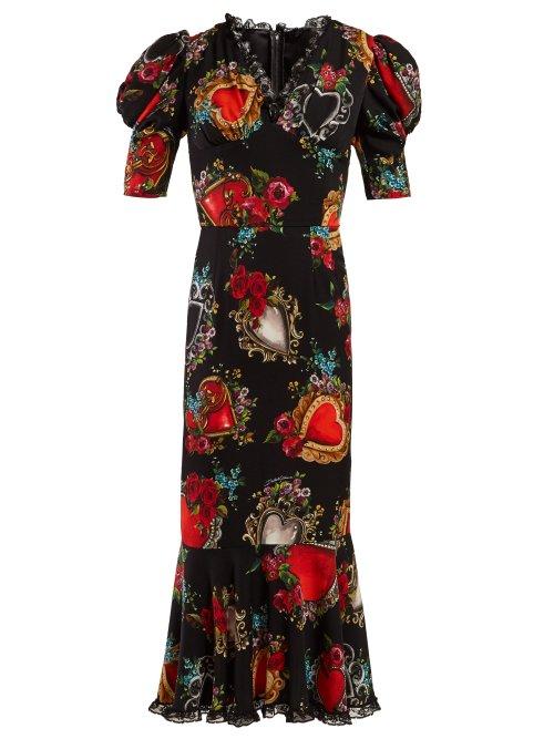 Matchesfashion.com Dolce & Gabbana - Secret Hearts Print Crepe Dress - Womens - Black Multi