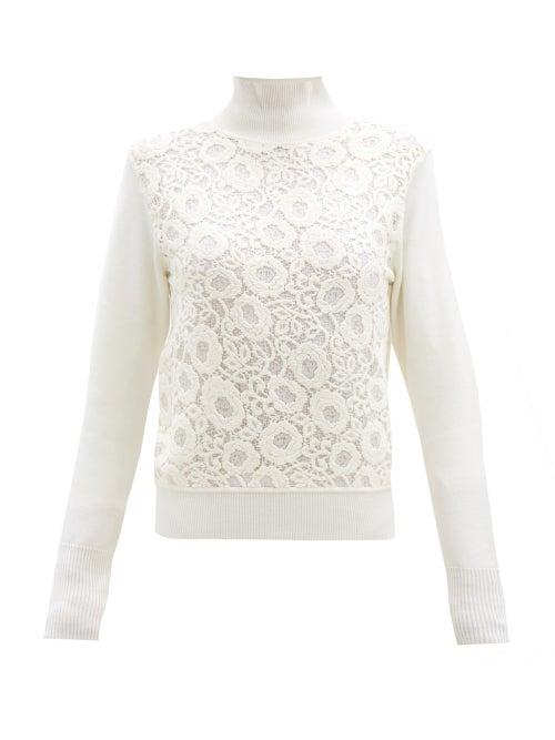 Matchesfashion.com Chlo - Roll-neck Floral Cotton-blend Lace Sweater - Womens - Ivory