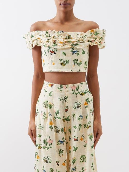 Agua By Agua Bendita - Aceituna Ruffled Floral-print Linen Cropped Top - Womens - Ivory Multi