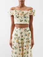Agua By Agua Bendita - Aceituna Ruffled Floral-print Linen Cropped Top - Womens - Ivory Multi