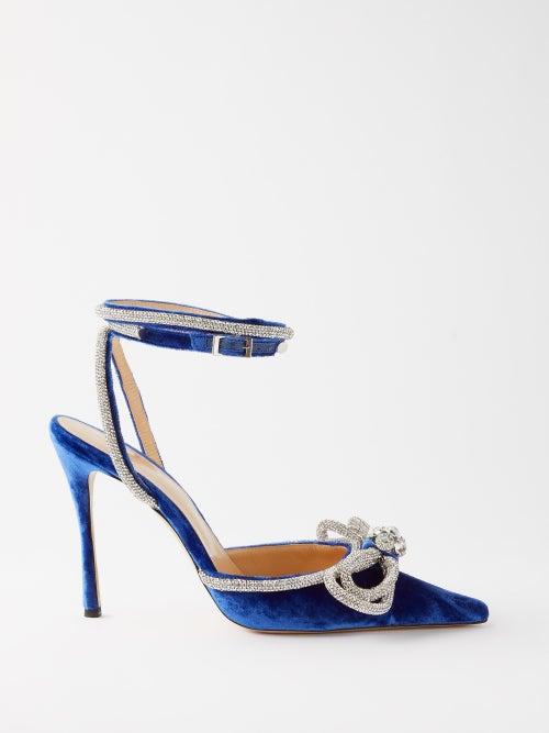 Mach & Mach - Double Bow 110 Crystal And Velvet Pumps - Womens - Dark Blue