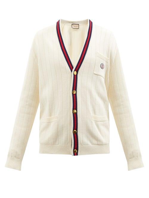 Gucci - Gg-embroidered Web-stripe Cotton Cardigan - Mens - White