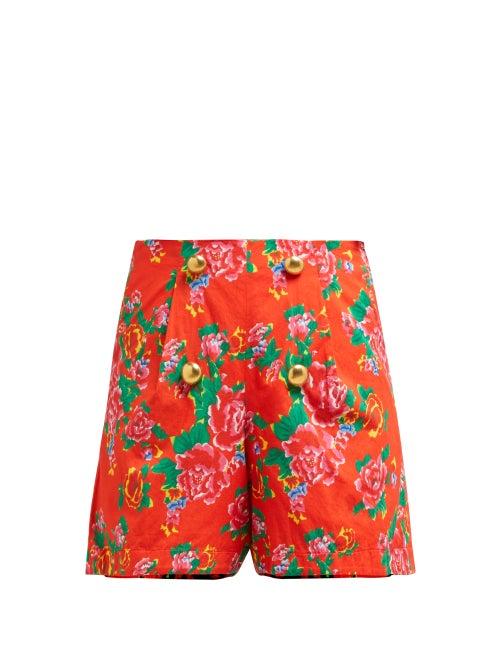 Matchesfashion.com Rhode - Reese Floral Print High Waist Cotton Shorts - Womens - Red Print
