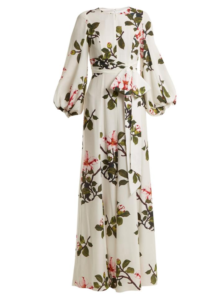 Andrew Gn Blossom-print Puff-sleeved Silk Gown