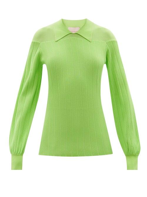 Roksanda - Juliana Lantern-sleeve Ribbed Polo Sweater - Womens - Green