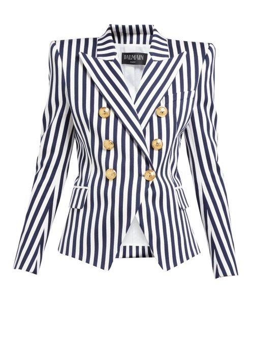 Matchesfashion.com Balmain - Striped Double Breasted Cotton Blazer - Womens - Navy White