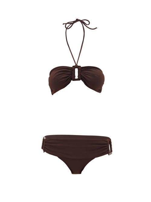Matchesfashion.com Adriana Degreas - Ring-embellished Halter-neck Bandeau Bikini - Womens - Brown