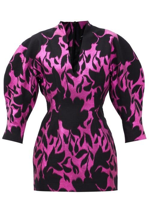 Matchesfashion.com Elzinga - Metallic Floral-jacquard Balloon-sleeve Mini Dress - Womens - Black Pink