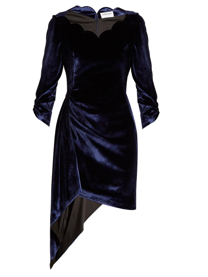 Osman Aileen Scallop-edged Asymmetric Velvet Dress