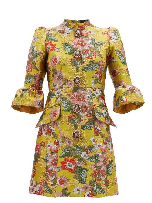 Matchesfashion.com Andrew Gn - Fluted Sleeve Floral Brocade Mini Dress - Womens - Yellow Multi