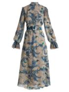 Matchesfashion.com Luisa Beccaria - Wave And Butterfly Print Georgette Midi Dress - Womens - Blue Print