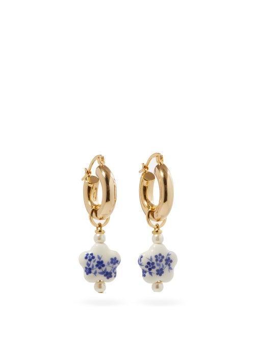 Matchesfashion.com Shrimps - Susi Ceramic-flower Hoop Earrings - Womens - Blue White