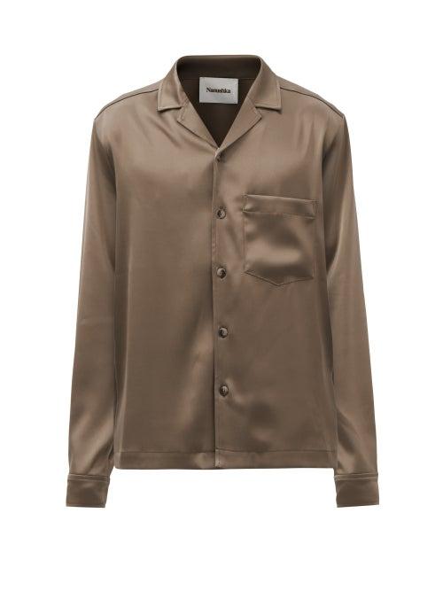 Nanushka - Duco Cuban-collar Satin Shirt - Mens - Dark Grey