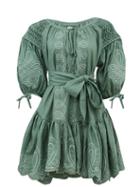 Matchesfashion.com Innika Choo - Justine Taiym Smocked Linen Mini Dress - Womens - Green