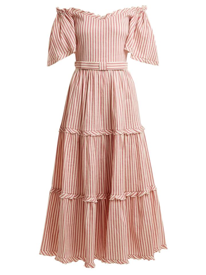 Luisa Beccaria Striped Off-the-shoulder Tiered Linen-blend Dress
