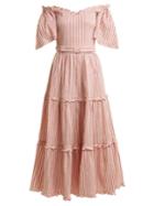 Luisa Beccaria Striped Off-the-shoulder Tiered Linen-blend Dress