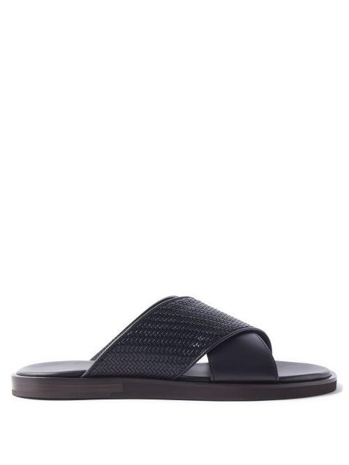 Zegna - Baleari Crossover-strap Leather Slides - Mens - Black