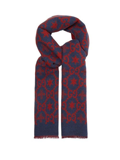 Matchesfashion.com Gucci - Gg Logo Intarsia Wool Blend Scarf - Mens - Blue