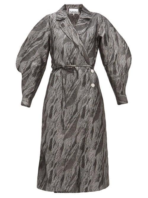 Matchesfashion.com Ganni - Crystal-button Brocade Wrap Coat - Womens - Silver