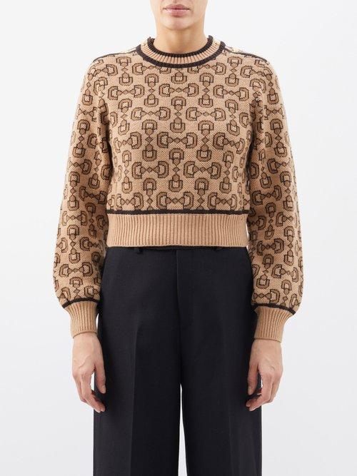 Gucci - Horsebit-chain Jacquard Wool-blend Sweater - Womens - Beige Multi