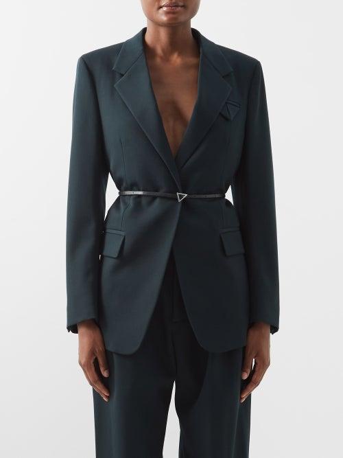 Bottega Veneta - Belted Grain De Poudre Wool-blend Suit Jacket - Womens - Dark Green