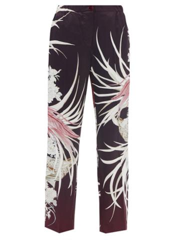 F.r.s - For Restless Sleepers - Etere Birds Of Paradise-print Satin Trousers - Womens - Burgundy