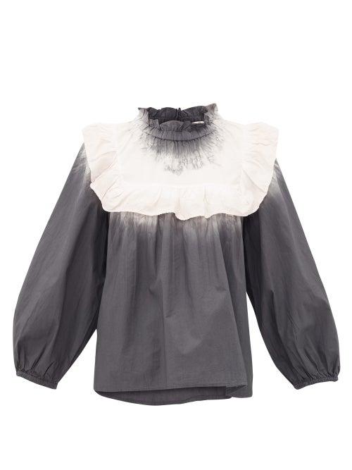 Matchesfashion.com Sea - Zelda Tie-dye Frilled-bib Cotton-poplin Blouse - Womens - Grey White