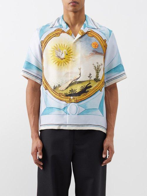 Amiri - Landscape-print Silk-twill Bowling Shirt - Mens - Blue Multi