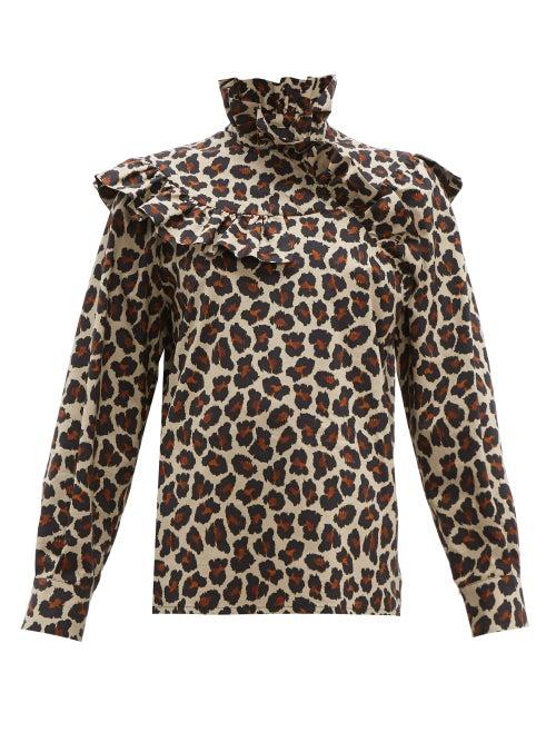 Matchesfashion.com Msgm - Leopard Print Ruffle Trim Cotton Poplin Blouse - Womens - Leopard