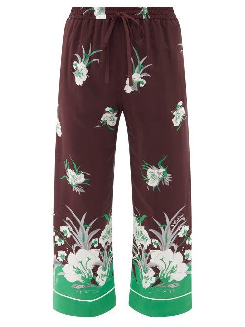 Valentino - Street Flowers-print Silk Crepe De-chine Trousers - Womens - Brown Multi