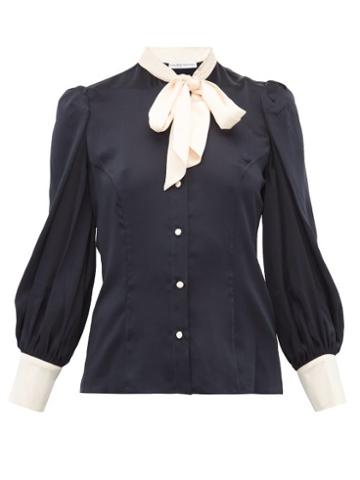 Matchesfashion.com Edeltrud Hofmann - Nico Tie Neck Silk Satin Blouse - Womens - Navy Multi